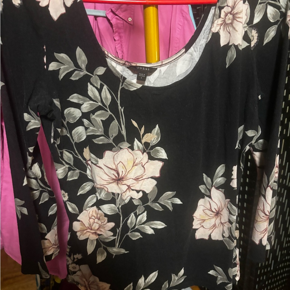 Guess Black Top with Pink and Cream Floral Design